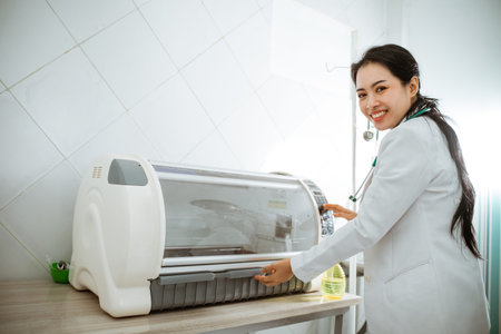 a female vet smiling while operating pet brooder at pet clinic