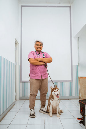 a male vet standing with brown siberian dog on his side and crossing his handの写真素材