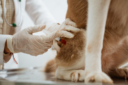 a female vet giving an injection of medicine for the siberian dog on its right legの写真素材