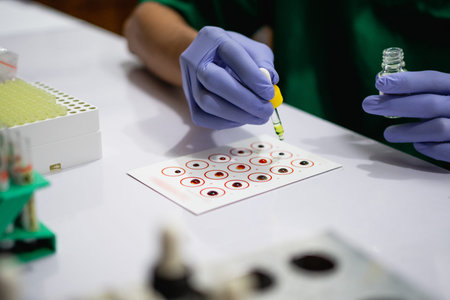 Lab tech wearing gloves mixes blood with serum to test blood type with testing paper
