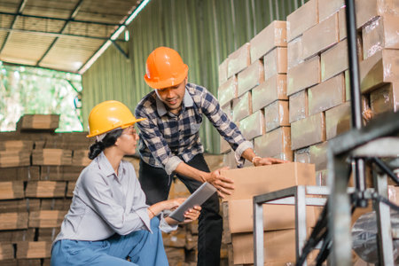 two factory workers wear safety helmets while checking items in a storage warehouseの写真素材