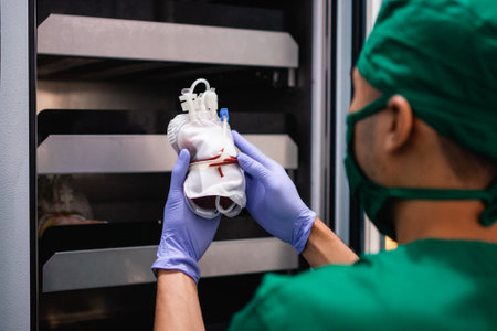 doctor in uniform with rubber gloves holding blood bag in front of storage cabinetの写真素材