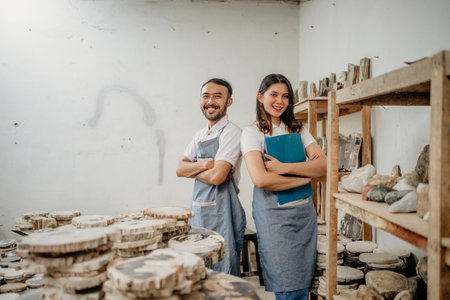 smiling young man and young woman stone craft entrepreneurs with arms crossed in a craft shopの写真素材