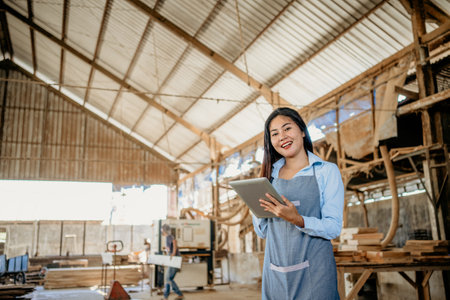 smiling female entrepreneur wearing an apron works with a digital tablet in a wood processing workshopの写真素材