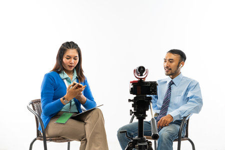 a female journalist in blue cardigan with handphone at her hand sitting on the cair next to the adult man in blue shirt with blue tieの写真素材