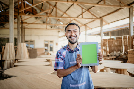smiling Asian entrepreneur holding a tablet and showing a blank screen to the cameraの写真素材