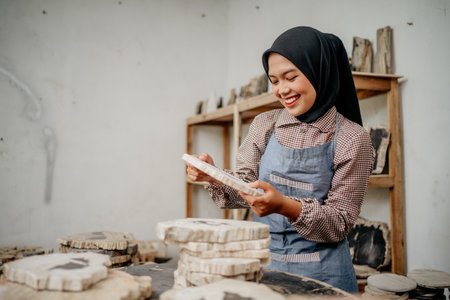 veiled woman stone handicraft entrepreneur holding handicrafts in the workshop roomの写真素材