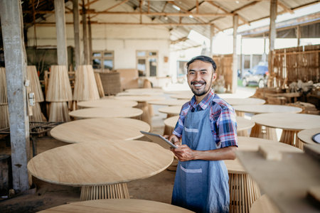 Asian businessman using tablet while standing with wood craft shop in the backgroundの写真素材