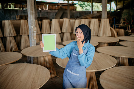 asian veiled businesswoman shows tablet screen while covering her mouth by hands palm in the wood...