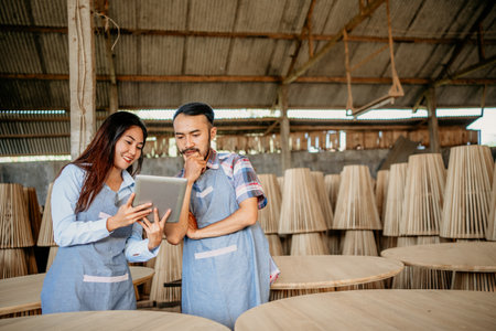 Male and female business couples work together while viewing work with a tablet at a woodcraft shopの写真素材