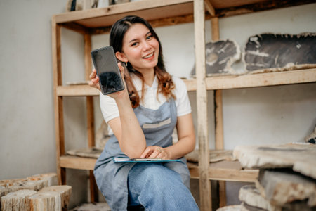 smiling young stone craft entrepreneur showing smartphone screen at craft workshopの写真素材