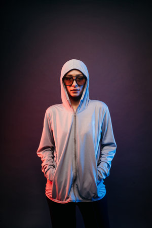 woman wearing sport wear hoodie jacket long pants and sunglasses looking at camera with hands in the...
