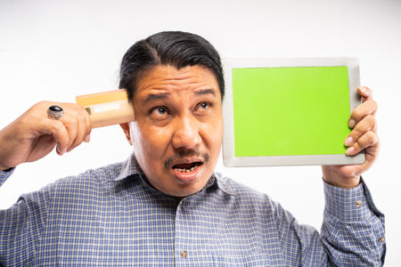 old asian man holding credit card and green screen tablet with annoying face in white background isolatedの写真素材