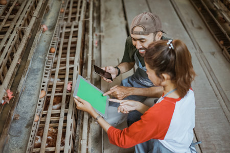 male and female workers look at and point at tablet screen at a chicken farmの写真素材