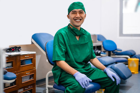 male doctor in green uniform and rubber gloves smiles while sitting in a blood transfusion roomの写真素材