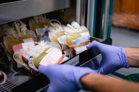 close up of hands wearing rubber gloves holding a shelf containing several blood bags for blood stockの写真素材