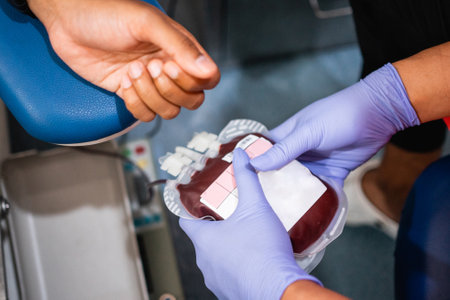 hand wearing rubber gloves holding a blood bag next to the patients hand during blood donationの写真素材