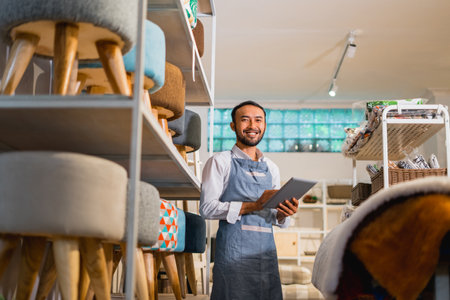 shopkeeper man in apron smiles while holding a tablet at a furniture storeの写真素材