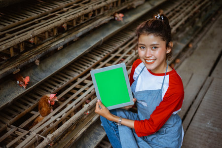 attractive Asian female entrepreneur showing a blank tablet screen to a camera on a farmの写真素材