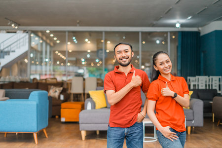 smiling man and woman with thumbs up standing in front of couch in furniture store departmentの写真素材