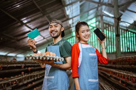 farmer couple carrying cardboard tray for chicken eggs while showing saving book and phone standing at poultry farm