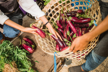 cropped view a hand picking vegetables from a basket at farmer marketの写真素材