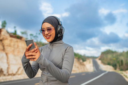 happy woman wearing sportswear using phone and earphone during exercise or joggingの写真素材