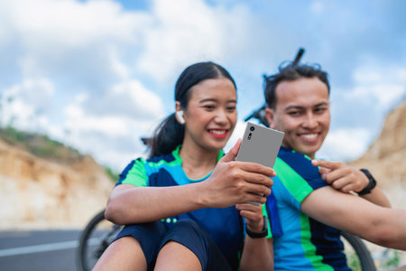 cyclist couple using phone with pointing gesture, blurred background