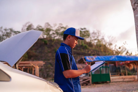 male mechanic diagnosing and writing inspection result on notes, car service concept