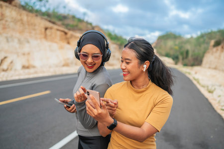 two athletic women using phone with pointing gesture during working out outdoorの写真素材