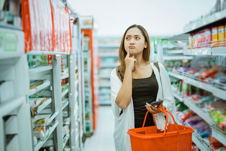 young woman thinking about what to buy while shopping carrying a cart at a minimarketの写真素材