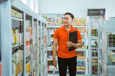 male shop assistant walking and looking at shelves while carrying a clipboard at minimartの写真素材