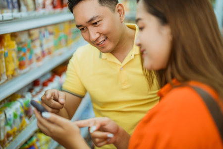 Asian man pointing mobile phone shown by young woman while shopping in supermarketの写真素材