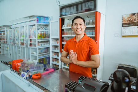 smiling male store clerk with a greeting gesture while standing at a minimarket cashier
