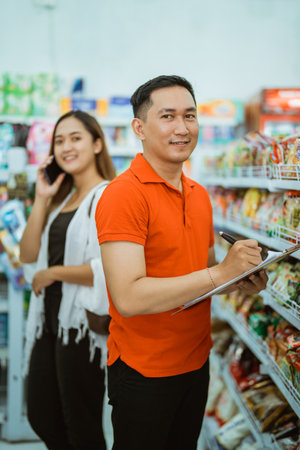 male worker smiles into camera while standing carrying clipboard in supermarketの写真素材