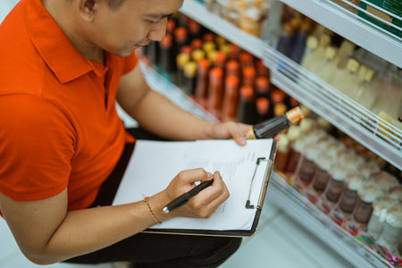 close up of a shop assistant taking notes using a clipboard while working at a minimarketの写真素材