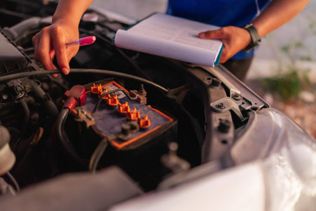 close up male mechanic hand examining car battery, car service concept