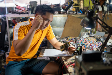 male technician observing the circuit while working at the workbench in the service station