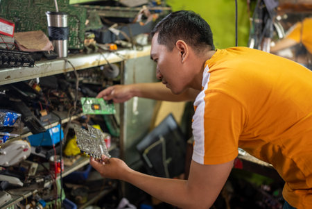 technicians view and compare printed circuit boards when replacing electronic circuitsの写真素材