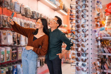 young man and young Asian woman wearing glasses during a selfie together using a cell phone at an accessories storeの写真素材