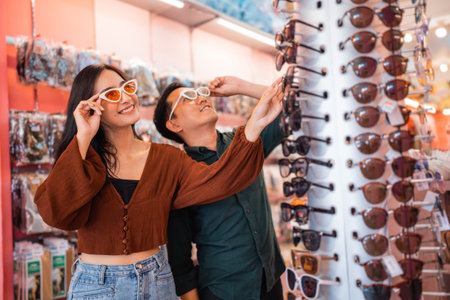 attractive women and handsome men wearing glasses while picking and taking on the shelvesの写真素材