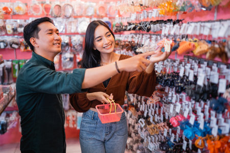 asian young man standing with pointing when choose item with his girlfriend in an accessories storeの写真素材