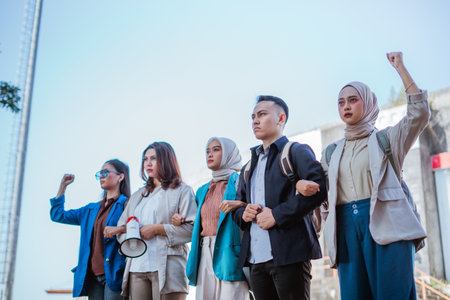 young students activist holding hands together in a rally on indonesian independence dayの写真素材