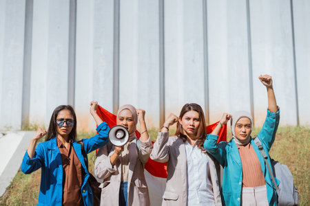 powerful student giving oration using megaphone on indonesian independence dayの写真素材