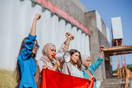 young women holding indonesian flag shouting with fist pump gesture on independence day
