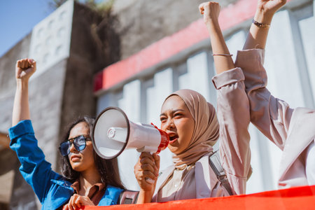 Women are passionately and loudly voicing their important demands during a vibrant protest event