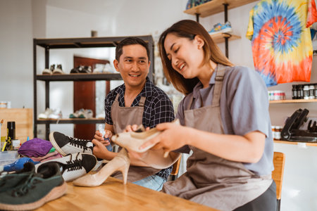 employees chatting each other while working at shoes laundry studio