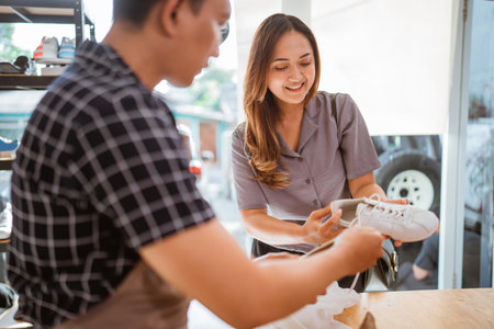 asian female customer visits shoes and care workshopの写真素材