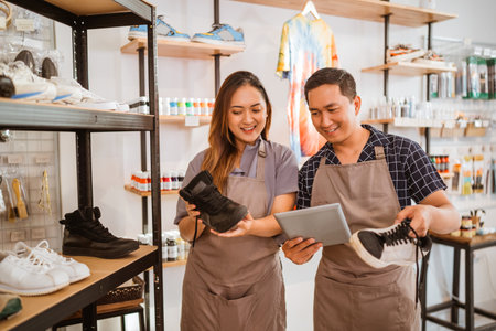 female and male staff checking products using tabletの写真素材