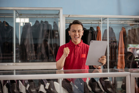 leather shoe businessman holding tablet with fist pump gesture looking at camera